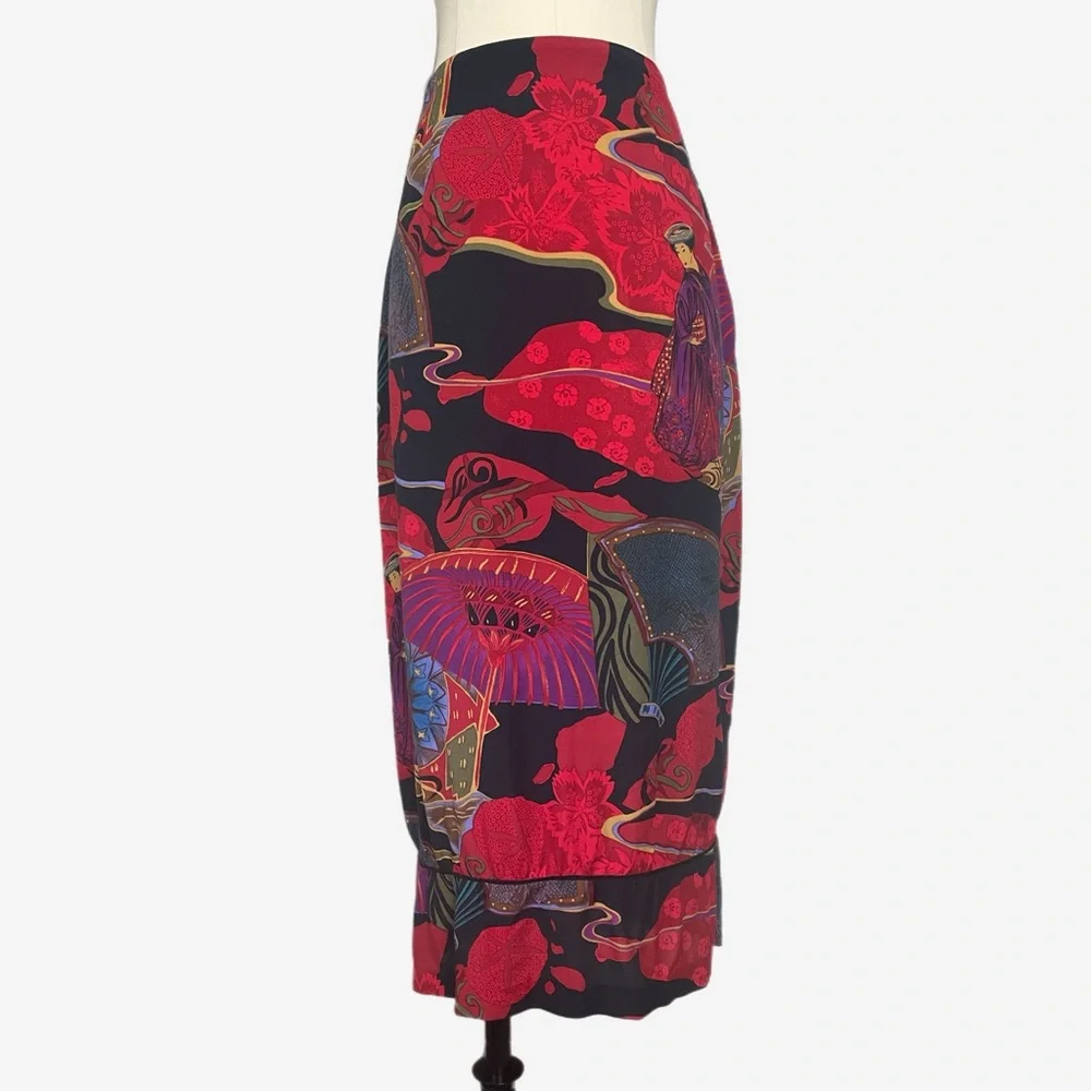 Vintage 90s Clio Red geisha graphic printed ruffle hem midi skirt eclectic XS/S